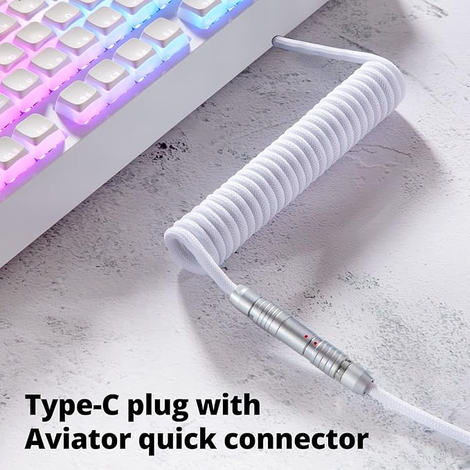 GUNMJO Pro Custom Coiled USB C Cable for Gaming Keyboard, Double-Sleeved Mechanical Keyboard Cable with Slim Type Detachable Metal Aviator, 1.5M USB-C to USB-A, White Color
