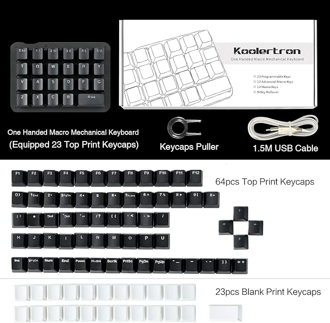 Koolertron 23-Key One-Handed Mechanical Keypad, Blue LED Backlit Portable Mini One-Handed Mechanical Gaming Keypad 23 Fully Programmable Keys