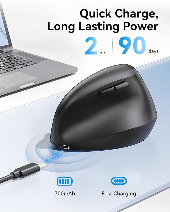 TECKNET Ergonomic Mouse, Wireless Bluetooth Vertical Mouse (BT5.3/3.0 & 2.4G) Rechargeable 4800 DPI Optical Mouse with 6 Adjustable DPI, Quiet Clicks, USB A Receiver, 6 Buttons - Wide Compatibility