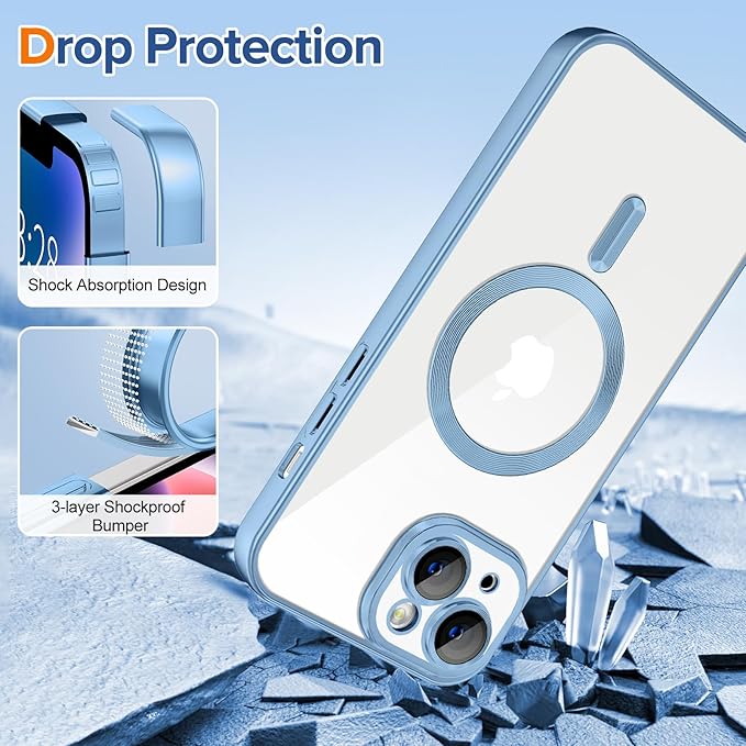 Hython Magnetic Clear for iPhone 14 Plus Case with Camera Lens Protector [Compatible with MagSafe] Luxury Plating Edge Slim Soft TPU Cover Protective Phone Case for iPhone 14 Plus, Matte Light Blue