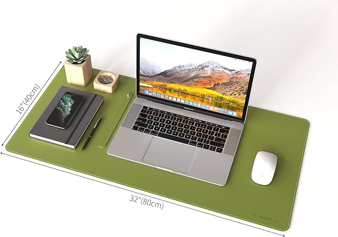 RENMTURE Dual-Sided Mouse Pad, Natural Cork & PU Leather Large Desk Pad for Office and Home Work, Desk Protector Non-Slip, Waterproof, Easy Clean (Olive Green, 32"x16")