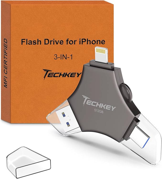 MFi Certified USB 3.0 Flash Drive 512GB for iPhone, 3in1 External Memory Photo Keeper Storage Stick for Picture/Video/Data Saver/Backup, High Speed Thumb/Jump/Hard Drives for iPad/Android/PC (Black)