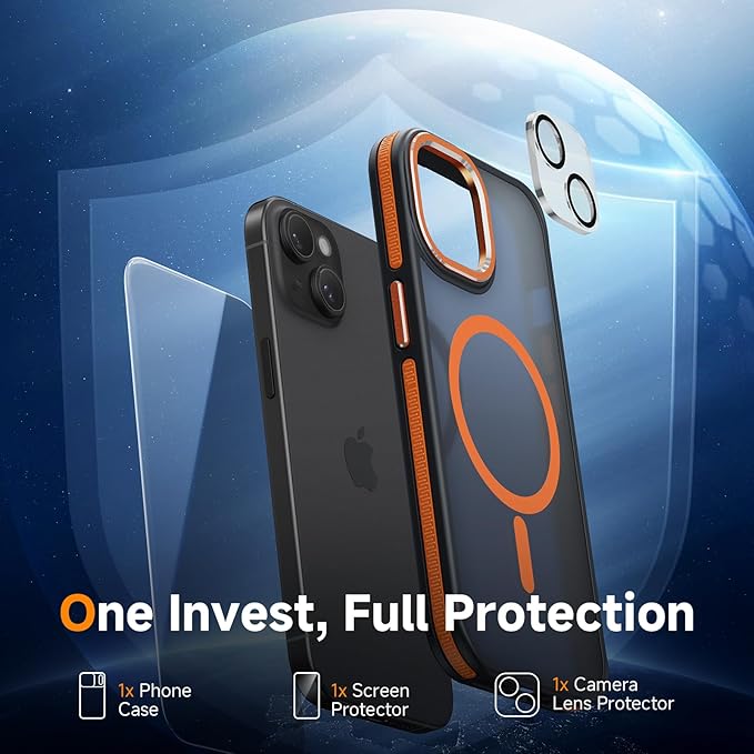 DOMAVER Magnetic 3 in 1 for iPhone 14 Case, [Omni-Directional Protection] with 1x Screen Protector + 1x Camera Cover, [Seamless Work with Magsafe] Protective Silm Case for iPhone 14 Cosmic Orange