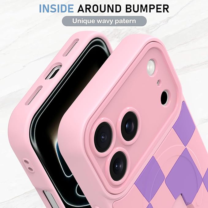 KANGHAR Compatible with iPhone 17 Pro Case, Support for MagSafe, Silicone Checkered Cute Pattern, Wristband Kickstand Camera Protection Soft Slim Cover for Girls Women -Pink