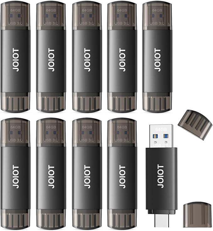 64GB USB C Flash Drive Dual USB 3.0 Flash Drive Type C + USB A Portable Type-C Flash Drive 2-in-1 USB-C Thumb Drive for Smartphone Tablet Computer Mac iPhone 16/17 Black (10 Pack)