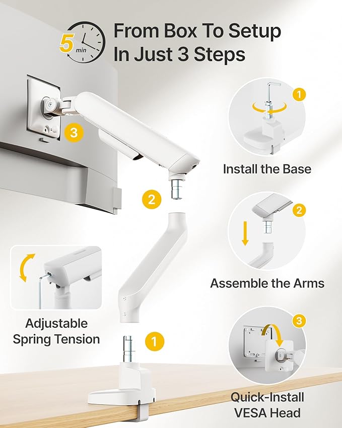 monTEK Single Monitor Arm with USB, Mechanical Spring Monitor Arm for 17-40" Screens, Adjustable Monitor Desk Mount Holds up to 26.4 lbs with C Clamp/Grommet Desk Mount, VESA 75/100mm