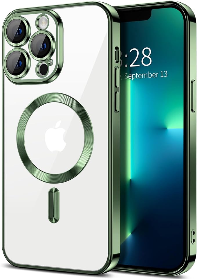Hython Magnetic Clear for iPhone 13 Pro Max Case with Camera Lens Protector [Compatible with MagSafe] Plating Edge Slim Soft TPU Cover Protective Phone Case for iPhone 13 Pro Max 6.7", Deep Green