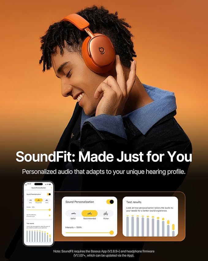 Baseus Inspire XH1 Adaptive Active Noise Cancelling Headphones, Sound by Bose, Dolby Audio, Premium Real-Time Adaptive ANC, Adaptive Tuning Rich Sound, Hi-Res Audio, 100H Playtime - Sunset Coral