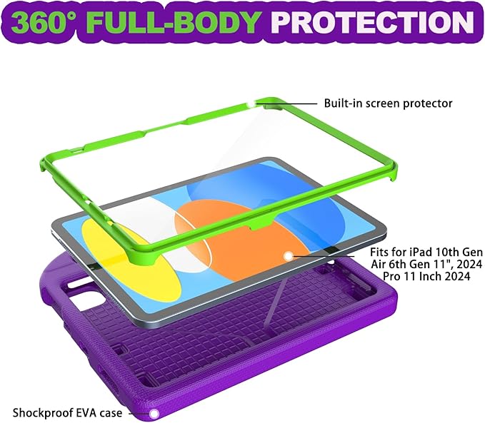 YIHE Kids Case for iPad A16 11th Generation (11-inch, 2025) & 10th Gen (10.9" 2022) | Shockproof Tablet Cover with Built-in Screen Protector & Pencil Holder for iPad 10.9/11 Inch, Purple Green