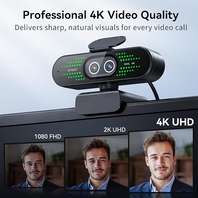 EMEET NOVA 4K Dual-Camera 4K Webcam for PC, Wide-Angle and Telephoto Cameras, Max 11X Hybrid Zoom, PDAF Focus, Remote Control, RGB Lights, Webcam with Microphone for Business or Personal Online Calls