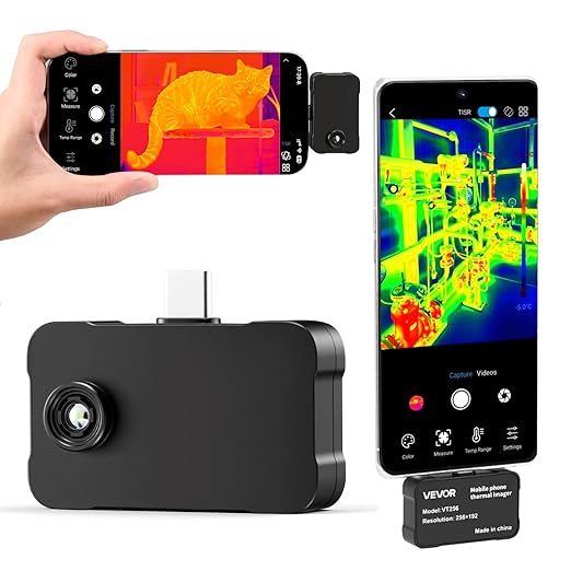 VEVOR Thermal Imaging Camera for Android & iOS, 512 x 384 Super Resolution, 25HZ Refresh Rate Infrared Thermal Imager for Smartphones Tablets, 256 x 192 IR Resolution, -4°F-1022°F & 6 Color Palettes
