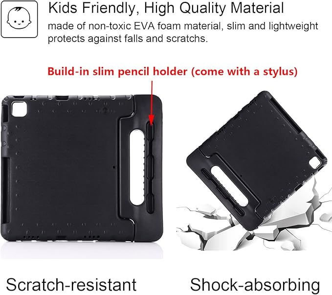 Kids Case for iPad Pro 12.9 inch 6th/5th/4th/3rd Generation 2022/2021/2020/2018 with Pencil Holder,Anti-Slip Handle Stand Lightweight Child Proof EVA Shockproof Rugged Kickstand Cover, Black