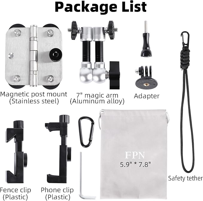 Magnetic Phone Fence Post Mount + Fence Clip Kit for Gamechanger for Mevo Start, GoPro, iPhone, DJI Osmo Pocket 3 and Action Cameras, for Recording Baseball,Softball and Tennis Games
