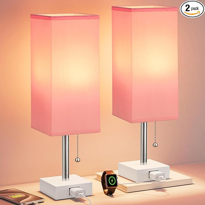 Pink Bedside Table Lamps for Bedroom - Small Nightstand Lamp Set of 2 with AC Outlet Charging Port, 3 Color Temperatures Rectangular Desk Light, Tabletop Reading Lamp for Living Room/Dorm/Office