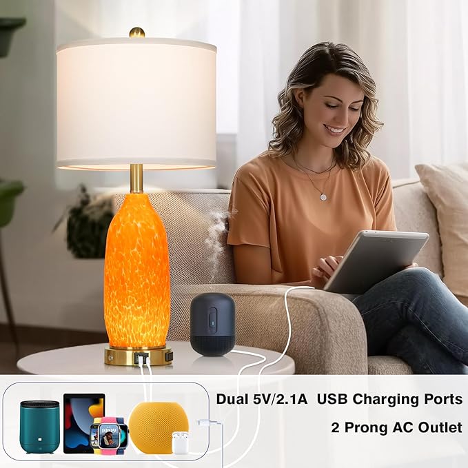 Rinweey 26" Modern Orange Glass Table Lamp Set of 2,Bedside Lamps with USB A+C Ports & AC Outlet, Nightstand Lamp with 3-Way Dimmable Touch Control Night Light for Bedroom Living Room(Bulbs Included)