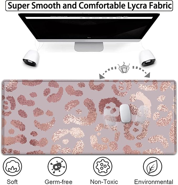 Large Gaming Mouse Pad, 31.5x11.8 in Extended Computer Mouse Mat with Non-Slip PU Base, Ergonomic Memory Foam Keyboard Wrist Rest, for Work & Gaming, Office Desk Pad Rose Gold Leopard Pink