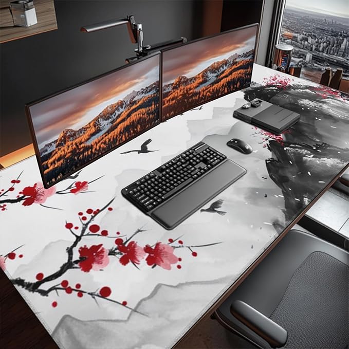 3XL Extended Gaming Mouse Pad -Watercolor Cherry Blossom 24x48 Inch Mouse Mats Desk Pad,Large Desk Mat,Extended Keyboard Mousepad with Non-Slip Base and Stitched Edge for Home Office