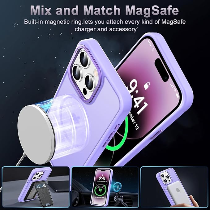 Newfuture Designed for iPhone 14 Pro Case with Magnetic [13 FT Military Drop Protection] [Compatible with Magsafe] Slim Translucent Matte Shockproof with Anti-Fingerprint Phone Case, Lilac Purple