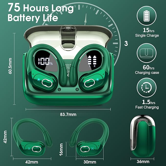 Wireless Earbuds 75hrs Bluetooth 5.4 Headphone Sport, 2026 Bluetooth Earbuds Stereo Deep Bass Over Ear Bud with Earhooks, ENC Noise Cancelling Mic, IPX7 Waterproof Earphone for Gym/Workout, Dark Green