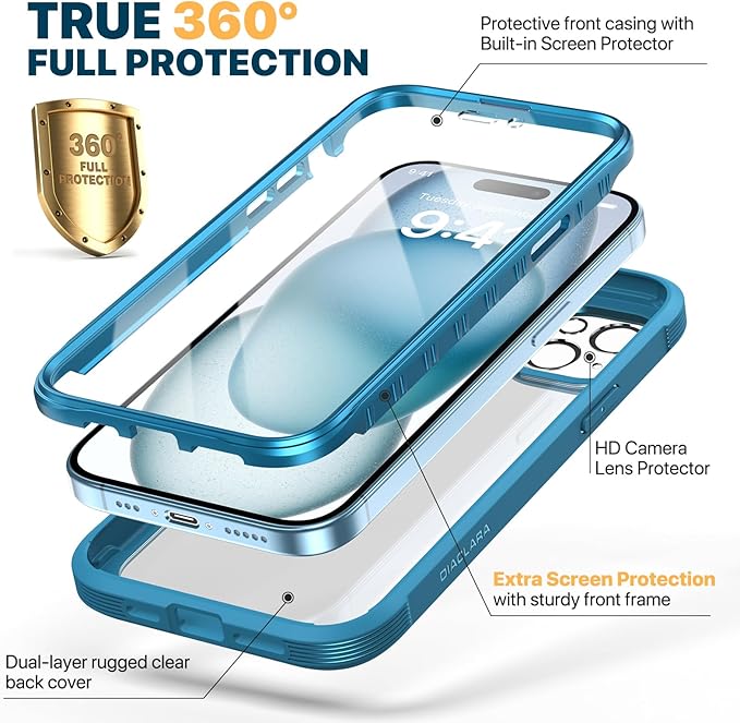 Diaclara Designed for iPhone 15 Plus Case 6.7 Inch,Full Body Rugged Clear Bumper Case w/Built-in Touch Sensitive Anti-Scratch Screen Protector+9H Tempered Glass Camera Lens Protector,Sea Blue