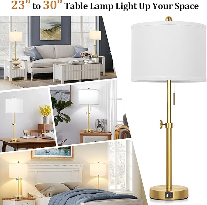 Kondras Table Lamp Set of 2, Bedside Lamp with 2 USB Ports, Gold Tall Table Lamp for Living Room End Tables, 23" to 30" Height Adjustable Lamp for Bedroom, Farmhouse Table Lamps with Pull Chain, E26