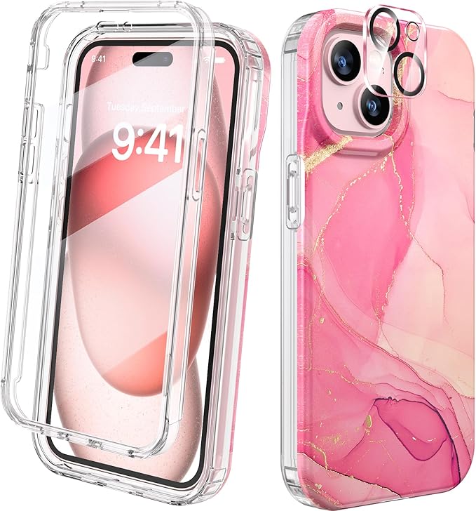 Diaclara Designed for iPhone 15 Plus Case 6.7 Inch, Full Body Rugged Case with Built-in Touch Sensitive Anti-Scratch Screen Protector + Glass Camera Lens Protector for iPhone 15 Plus,Water Pink