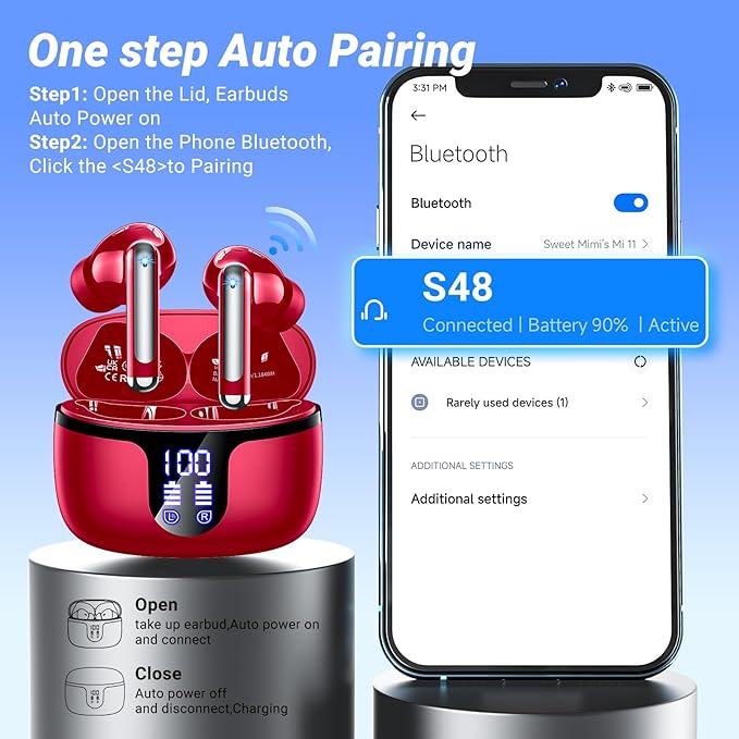 Wireless Earbuds Bluetooth 5.4 Headphones HiFi Stereo 42H Playback in Ear with 4 ENC Noise Cancelling Mic, IPX7 waterproof and LED battery display screen for Running Fitness Office Ear Buds in Red