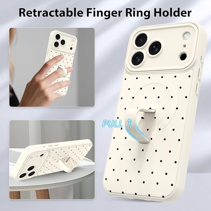 KANGHAR Compatible with iPhone 17 Pro Case, Support for MagSafe, Silicone Spot Cute Pattern, Wristband Kickstand Camera Protection Soft Slim Cover for Girls Women -White