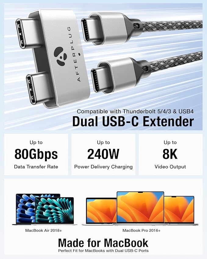 Dual USB‑C Extender for MacBook with Case, 2-Port Pass‑Through Adapter for Thunderbolt 5/4/3 & USB4 – 240W PD, 8K Video, 80Gbps Data - Space Black