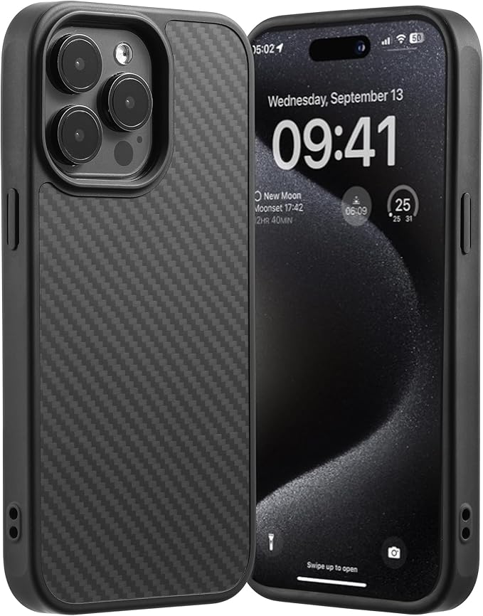 Tigowos Carbon Fiber for iPhone 15 Pro Max Case, Fits magSafe Sturdy Protective Case for iPhone 15 Pro Max Carbon Fiber Aramid Fiber, Supports Wireless Charging, Carbon Fiber Black