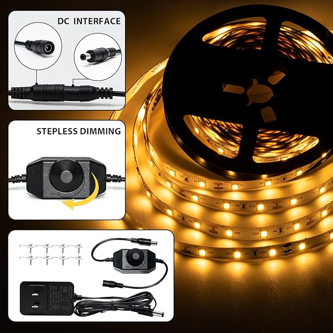 10ft Warm White LED Strip Lights,12V Dimmable Tape Lighting with Infrared Remote,SMD 2835 LEDs Adhesive Ribbon Light,Connectable