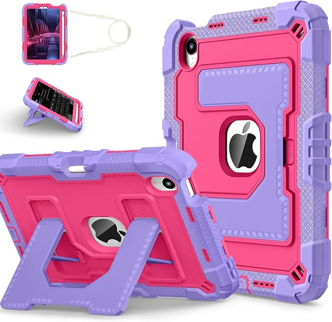 Kids Friendly Case for Apple iPad mini 7 A17 Pro 2024/iPad Mini 6 2021 8.3 Inch 7th/6th Gen Case with Pencil Holder & Shoulder Strap, Shockproof Kickstand Hard Shell Protective Cover,Rose+Purple