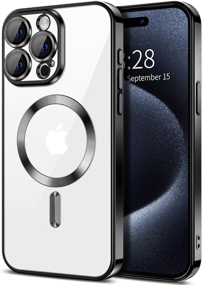 Hython Magnetic Clear for iPhone 15 Pro Case with Camera Lens Protector [Compatible with MagSafe] Luxury Plating Edge Slim Soft TPU Cover Protective Phone Case for iPhone 15 Pro 6.1", Black