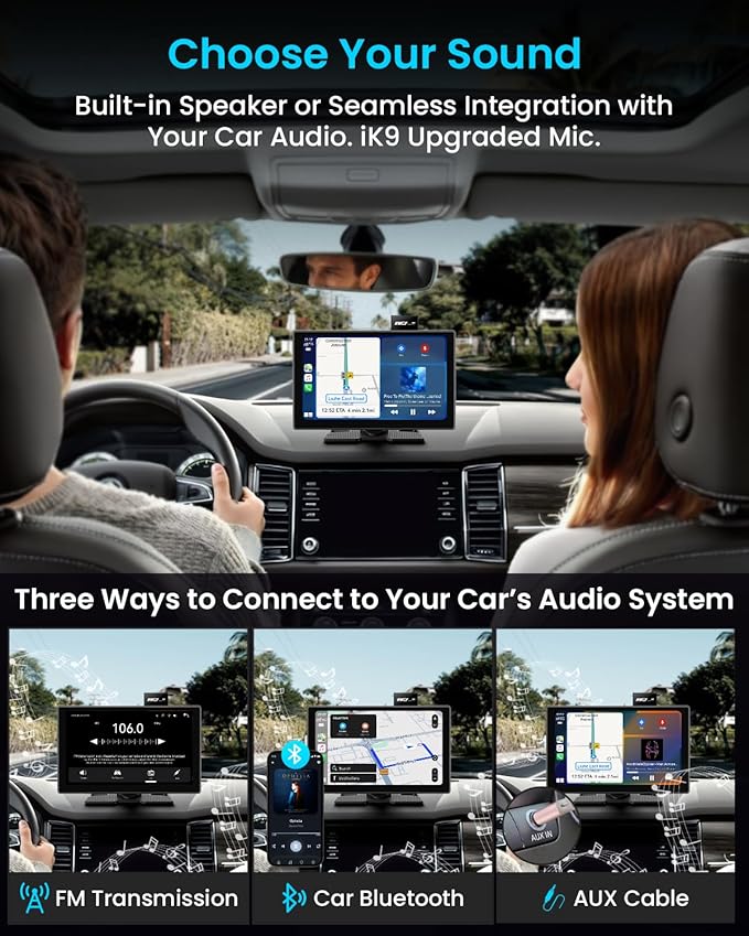 IK9 9" Wireless CarPlay & Android Auto Screen, Portable Car Stereo with 4K Dash Cam & 1080p Rear Camera, CarPlay with Backup Camera, Touch Screen GPS Display, Mirror Link, Apple Car Play Screen