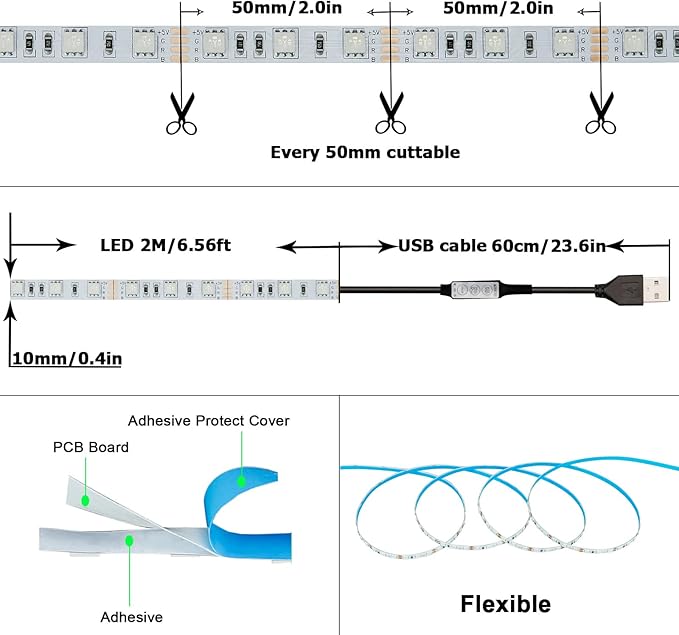 5V USB RGB LED Strip Light USB Powered 13.2ft/4M (2pcs x 6.6ft) 240LEDs Flexible SMD 5050 with Controller Dimmable 19 Dynamic Modes 20 Static Colors No-Waterproof IP20 LED Tape Lights