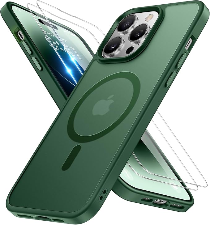 Miracase Magnetic Series Designed for iPhone 14 Pro Case [Compatible with MagSafe] [with 2X Screen Protectors] Anti-Fingerprint, Magnetic Charger Case for iPhone 14 Pro 6.1 inch - Dark Green