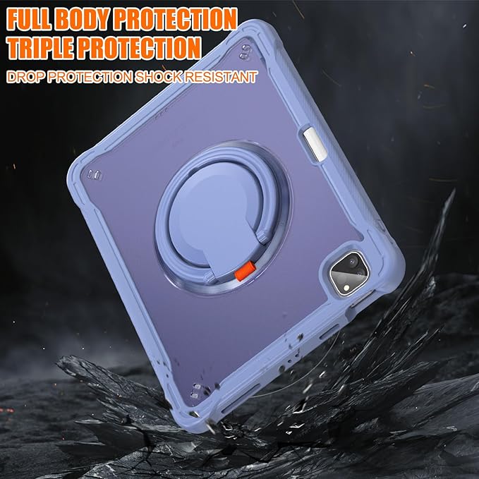 Batianda for iPad Pro 11 inch Case 2025 M5 2024 M4 Chip Dual-Layer Protective Tablet Cover, Durable Shock-Absorbing Corners with 360° Rotating Kickstand Ring Built-in Pen Slot, Lavender Grey