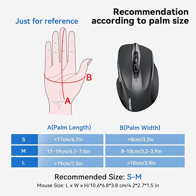 TECKNET Wireless Mouse (2.4G & BT5.0/3.0) Silent 4800 DPI Computer USB A & Bluetooth Mouse 6 Buttons, Wide Compatibility - Grey