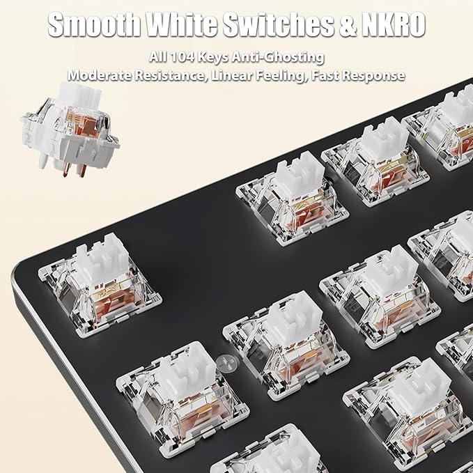 Typewriter Style Mechanical Gaming Keyboard White LED Backlit 104-Key NKRO White Switches Retro Round Keycaps Golden Ring Volume Knob Metal Panel Wired USB-C Detachable Cable, Black
