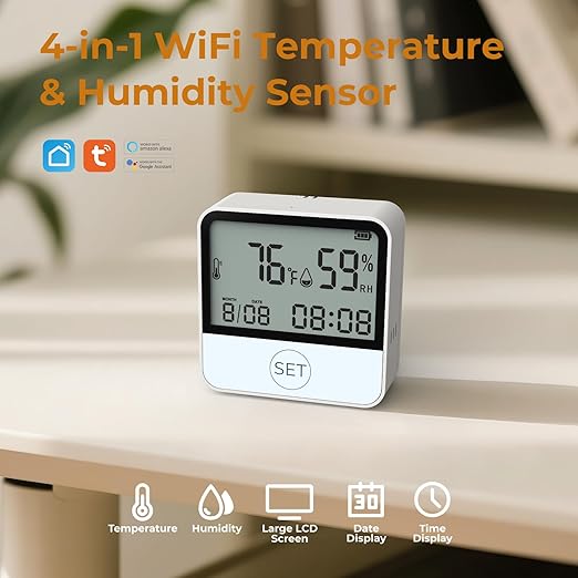 4 in 1 WiFi Thermometer Humidity Meter Baby Thermometer Hygrometer with Remote App Control Digital Temperature and Humidity Sensor for House Wine Cellar Greenhouse