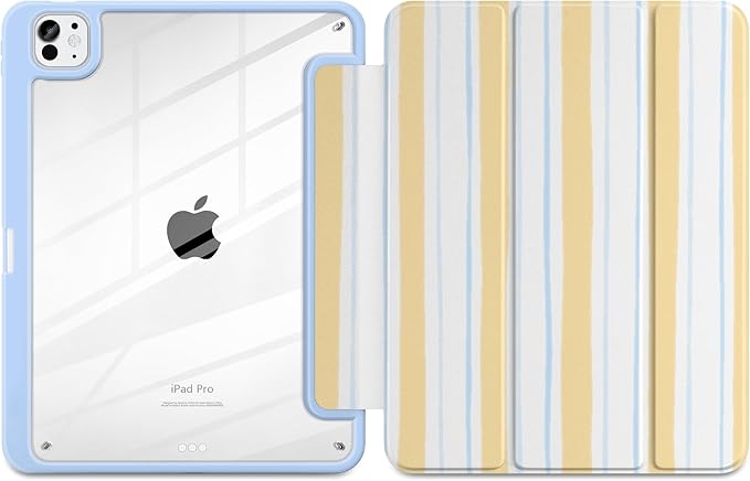 Case for iPad Pro 11 Inch (M5 2025 M4 2024) – [Built-in Pencil Holder], Shockproof & Stylish, Clear Hard Back + Soft TPU Edge, Magnetic Trifold Stand, Auto Wake/Sleep, Watercolor Stripes