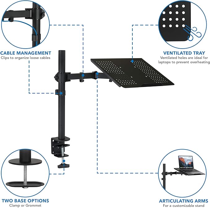 Mount-It! Laptop Desk Mount with Pole, Height Adjustable Laptop Stand Mount for Desk with Vented Tray, Full Motion Laptop Arm for 11–17 Inch Laptops, 22 lb Capacity, Clamp or Grommet Base