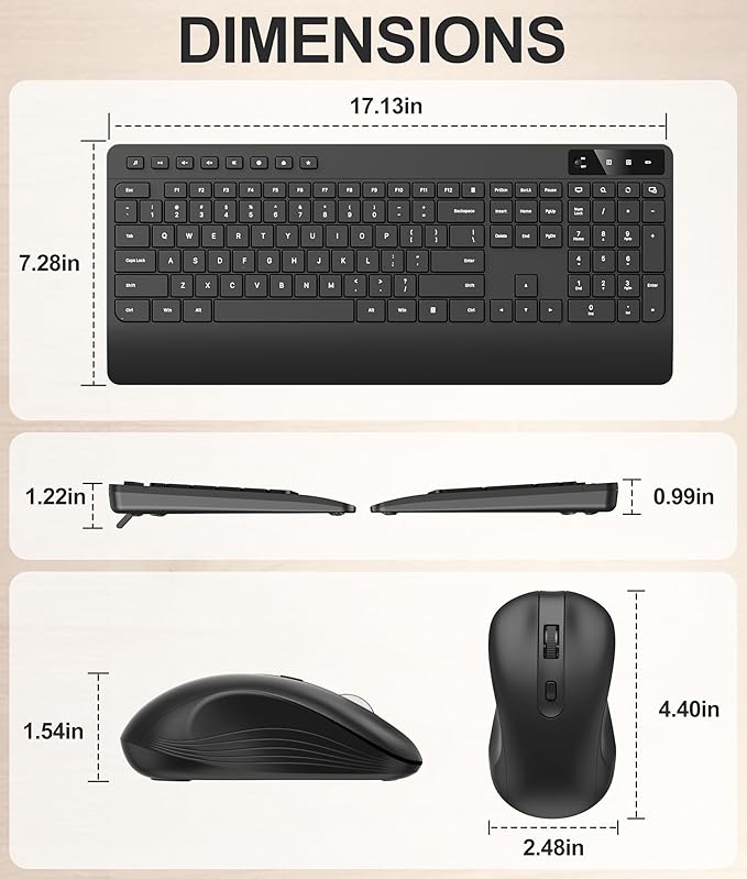 Quiet Wireless Keyboard and Mouse Combo – 3-Level DPI Silent Mouse, Full-Size Ergonomic Wrist Rest, 2.4GHz Plug-and-Play, Multimedia Hotkeys for Windows Computer/Laptop, Black