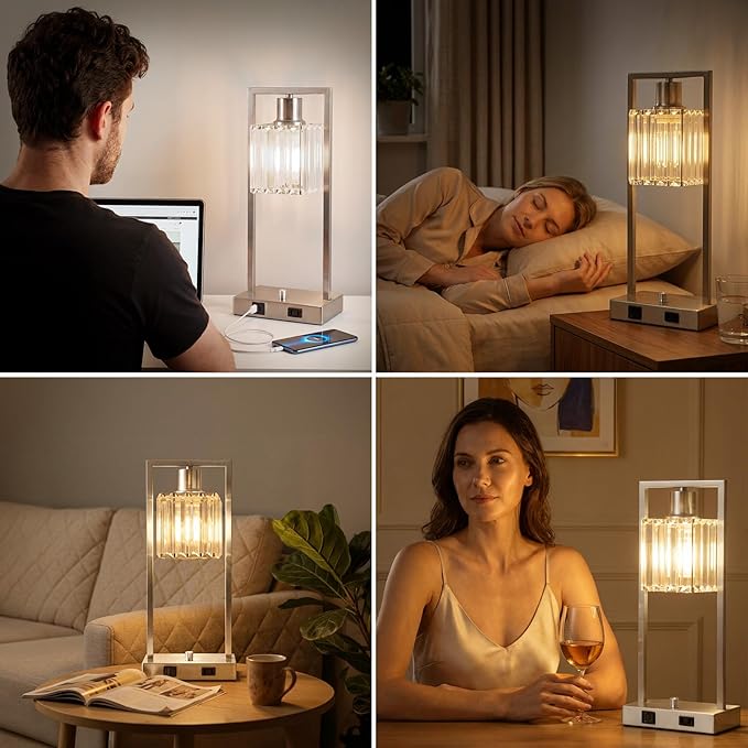 16" Desk Lamps for Home Office, Bedside Lamps with USB C+A Ports and Outlet, Nickel Fully Stepless Dimmable Industrial Table Lamps with Crytal Glass Shade for Reading Living Room, LED Bulbs Included