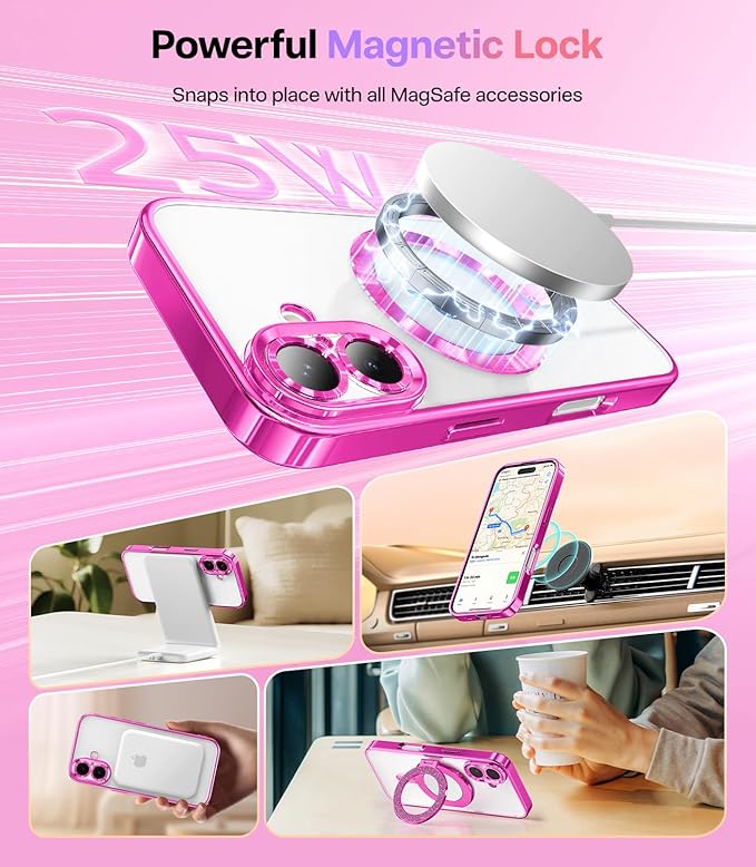 Meifigno Designed for iPhone 17 Case, [Glitter Card & Wrist Strap] [Compatible with MagSafe] [1HD+1X Privacy Screen Protectors] Surround Raised Lens Protection for iPhone 17 Case 6.3 Inch, Hot Pink