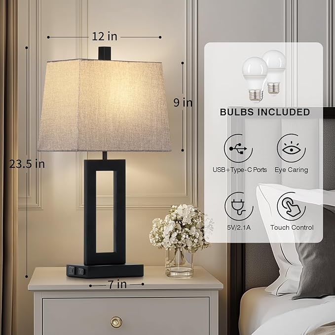 Cinkeda Touch Control Table Lamp Set of 2, Modern Black Bedside Lamps with USB C+A Ports & AC Outlet, 3 Way Dimmable Bedroom Lamps for Night Stands Bedroom Living Room,Nightstand Lamp