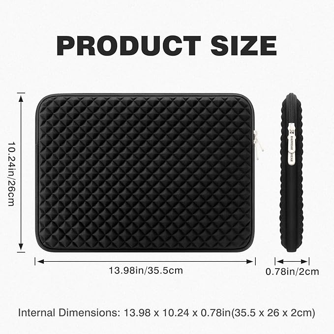 RAINYEAR 14 Inch Laptop Sleeve Diamond Foam Shock Resistant Neoprene Padded Case Fluffy Lining Zipper Cover Bag Compatible with 14" Notebook Computer Chromebook Tablet Ultrabook(Black)