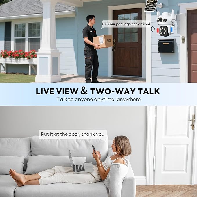 Solar Camera Outdoor Wireless, Dual Lens Security Camera for Home & Farm, Light Alarm & Color Night Vision, Outdoor Camera Two-Way Audio (1 Pack)