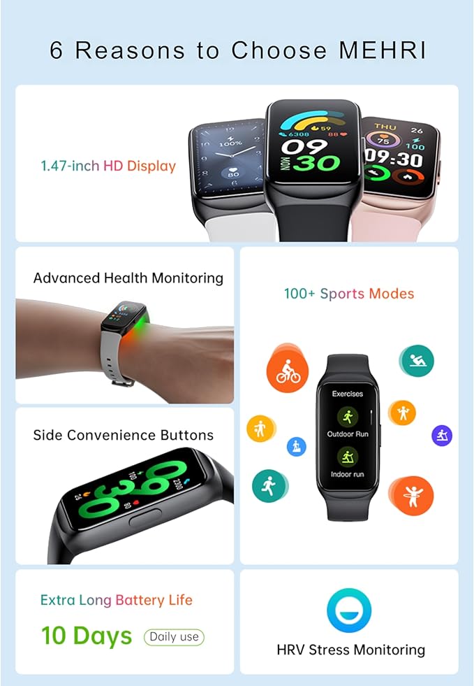 MEHRI Fitness Tracker - Smart Watch with 24/7 Heart Rate, Blood Pressure & Oxygen, Sleep & Stress Monitoring, IP68 Waterproof, Activity Tracker, Step Count, Calories, Distance & More (Black)