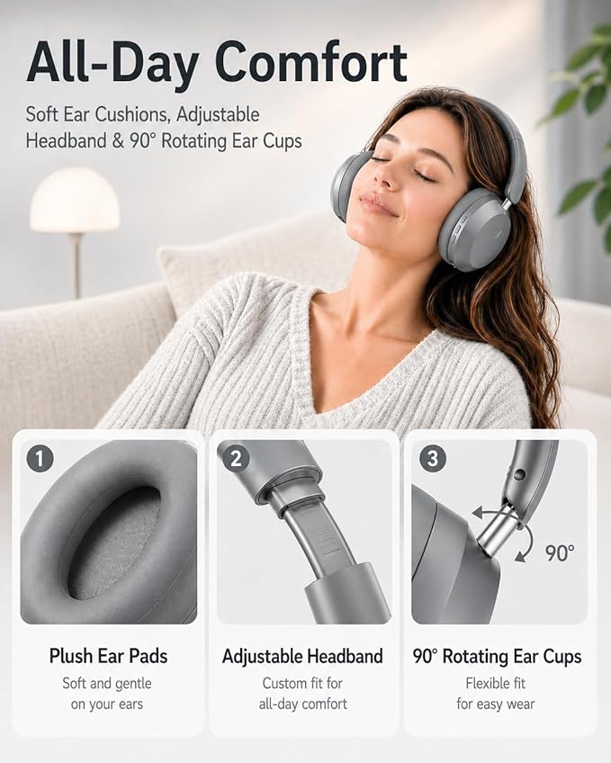 Wentronic Y05 Bluetooth Over-Ear Headphones with Active Noise Cancelling, Hi-Res Audio, 48H Playtime, Built-in Mic, Wired/Wireless, Works with iOS, Android & PC, Grey